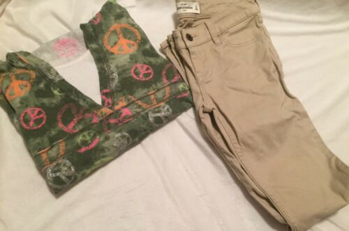Justice Girls Peace Hooded Long Sleeve Shirt 14& Abercrombie Tan Slim Jeans 14