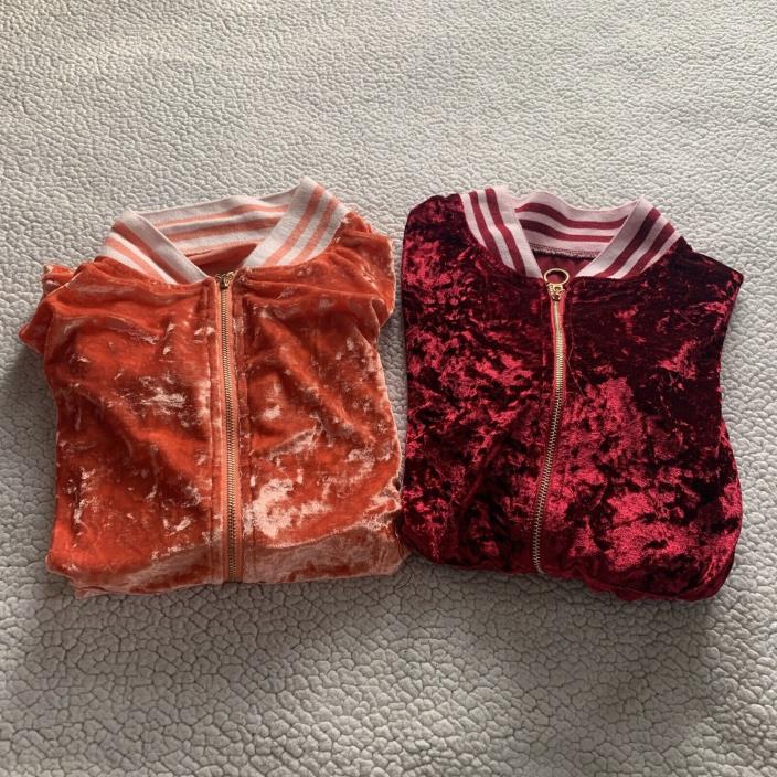 Unbranded Kids Girls Velour Zip Up Bomber Jacket Pink Orange Size Medium Lot 2