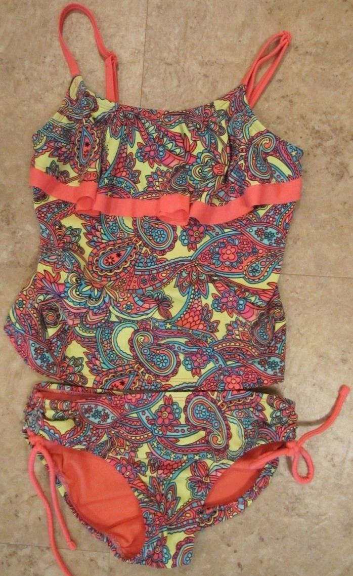 Justice Girls Size 10 Tankini Swimsuit Set Orange Floral w/ Ruffle