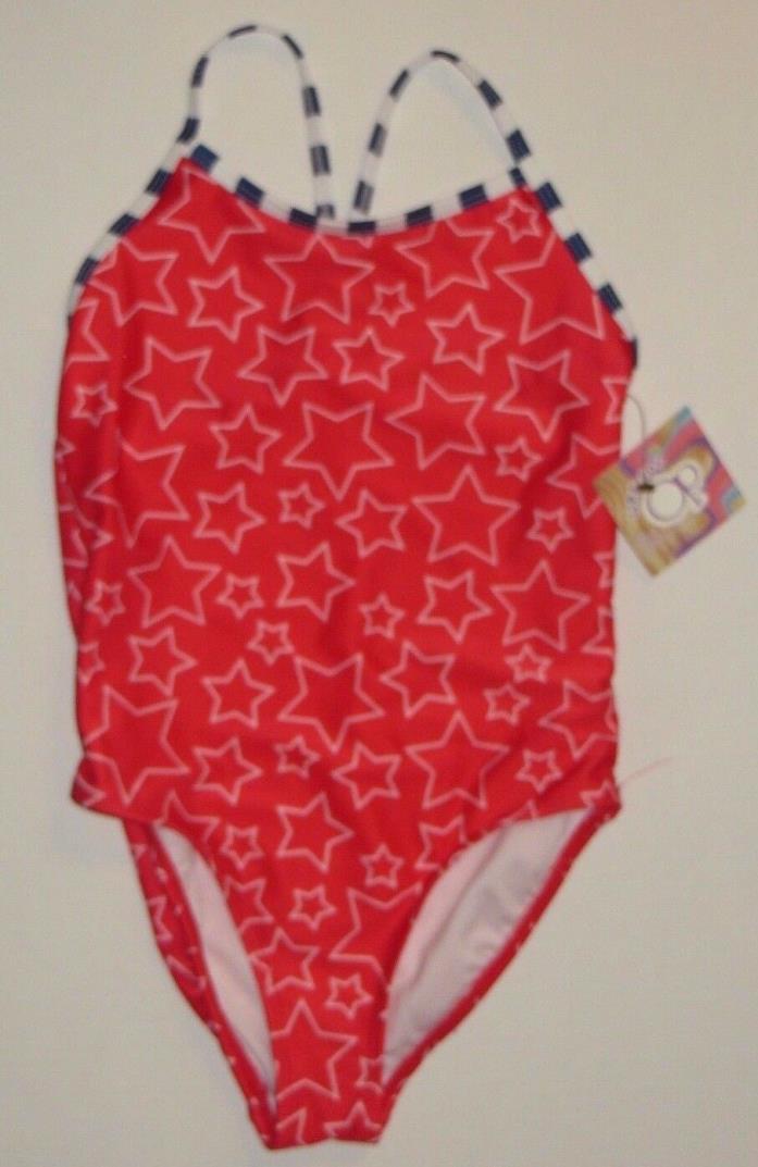 OP Red White Blue Star 4th of July Bathing Swim Suit Size Large L 10-12 10 12