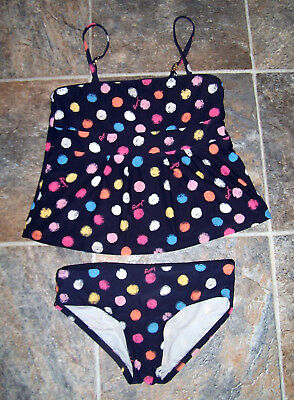 JUICY COUTURE TWO PC TANKINI SWIMSUIT NAVY WITH MULTI DOTS LOGO SZ 12 GUC