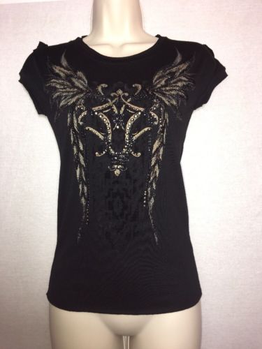 Miss Me Girls Black SMALL Top, Rhinestones, Studs, Fringe, Raw hem