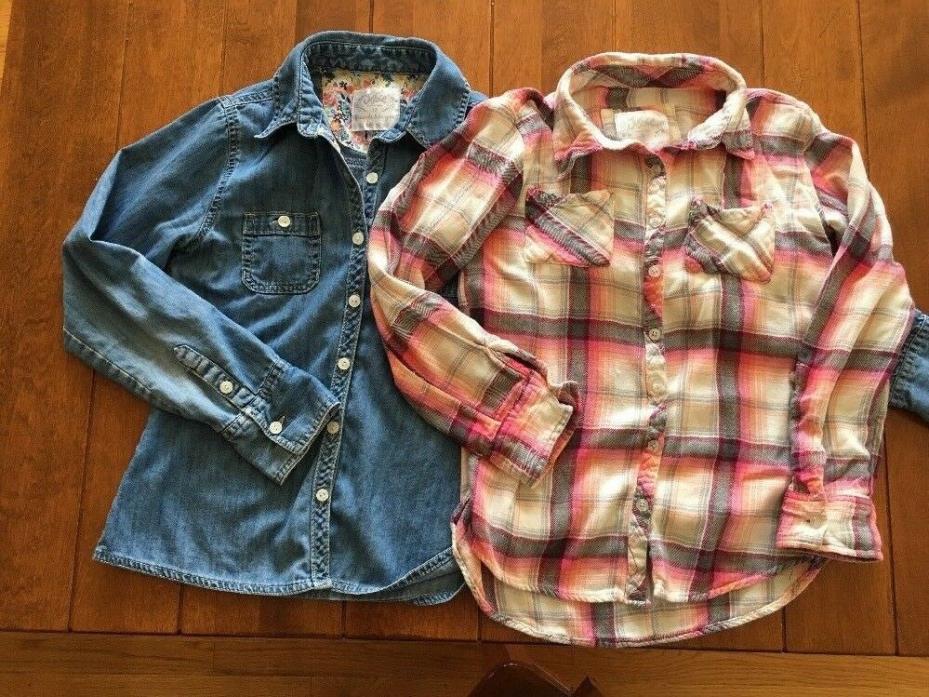 JUSTICE Tab Sleeve Button Front Shirts Sz 12 Lightweight Pink Flannel & Chambray