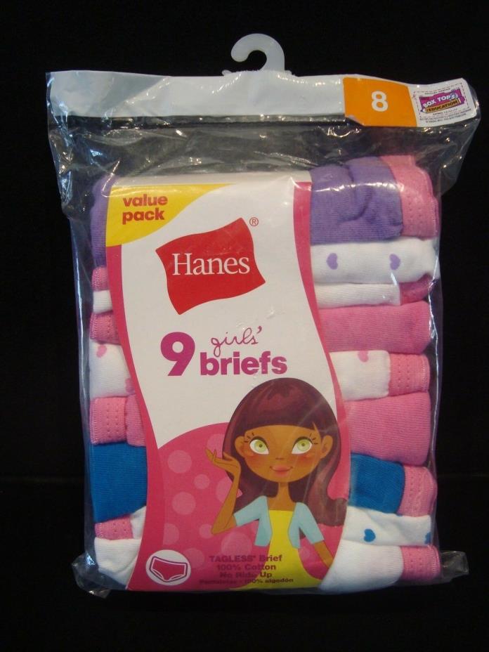 NWT SIZE 8 Hanes 9 pack Girls Tagless Briefs Panties Underwear Hearts & Solids