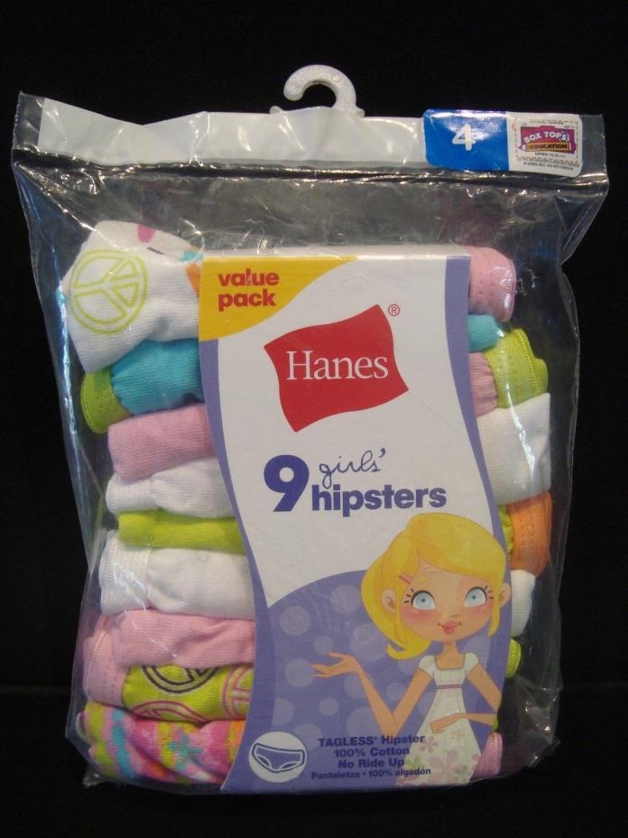 NWT SIZE 4 Hanes 9 pack Girls Tagless Hipsters Panties Underwear Peace & Flowers