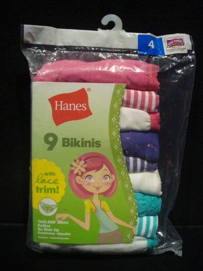 NWT SIZE 4 Hanes 9 pack Girls Tagless Bikinis Panties Underwear Stripes & Solids