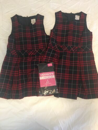 Lot Of 2 Lands End Red  Navy Plaid School Uniform Jumpers Size 5 & Navy Tights