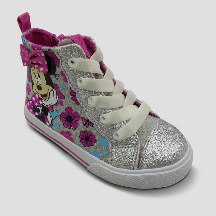 Disney Girls' Minnie Mouse High Top Sneakers size 8 10 NWT Silver & Flowers