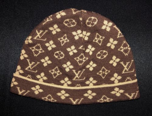 Vintage LOUIS VUITTON Logo Print Brown BEANIE Hat Cap Toboggan Youth Childrens