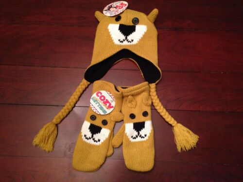 NEW Cozy Critters Mad Bomber Teddy Bear Mittens & Hat Cute Fleece Lined