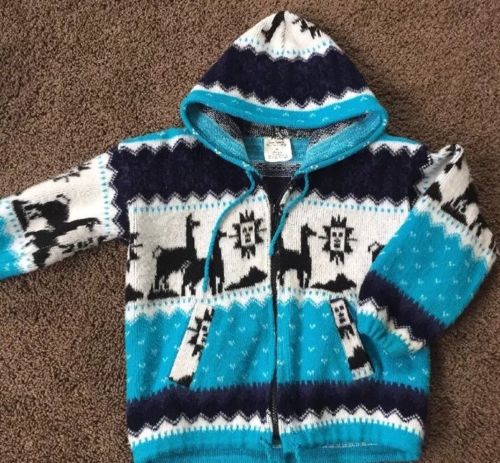 Yari Artesanias kids size 6 Jacket 100% Wool Zip Up Hoodie Lama Multicolored