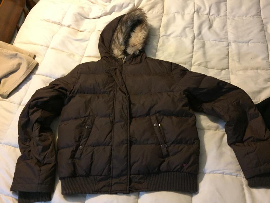 YOUTH AMERICAN EAGLE BROWN FAUX FUR HOOD ZIPPER FRONT JACKET COAT SIZE LARGE