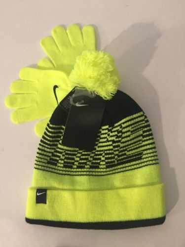 NIKE POM BEANIE HAT & GLOVES KIDS GREY VOLT BLACK 9A2667 K4E NEW WITH TAGS YOUTH