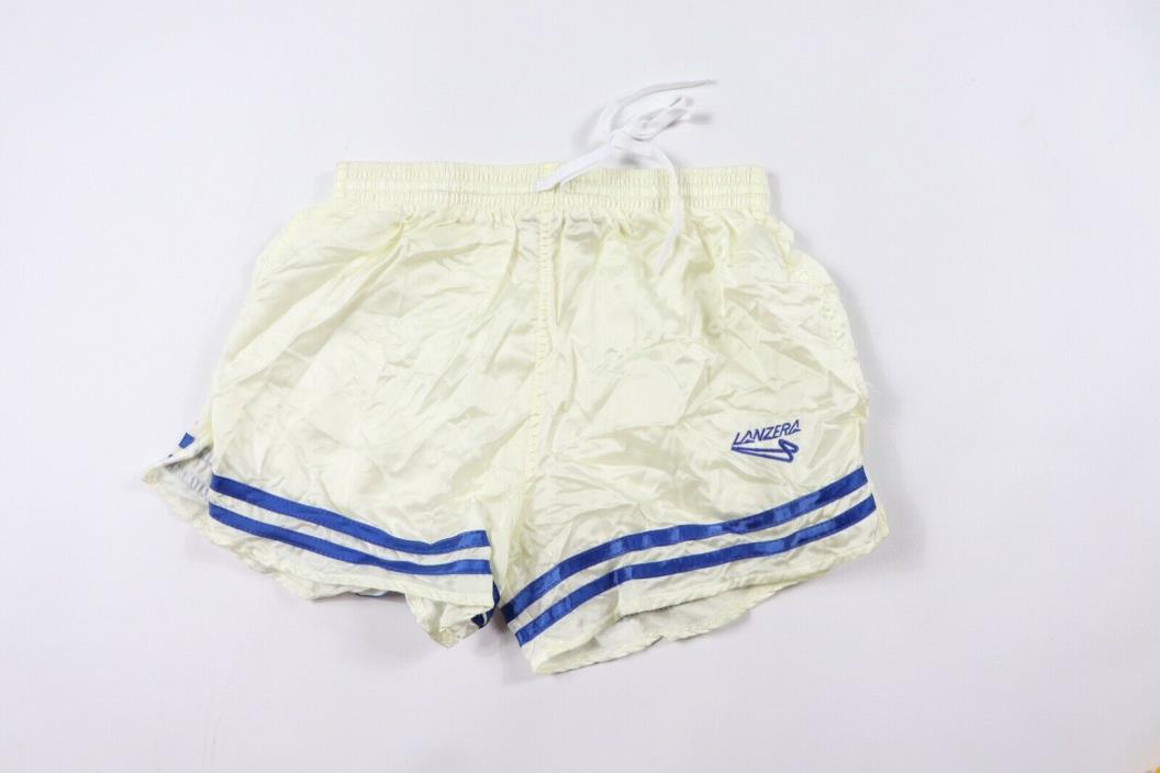 Vintage 90s New Lanzera Youth Large Spell Out Nylon Gym Soccer Shorts White Blue
