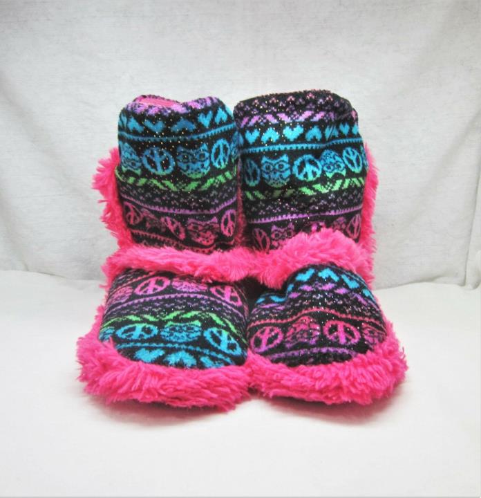 Girls Owl & Peace Sign Faux Fur Slipper Socks - Size M 12-13 - USED