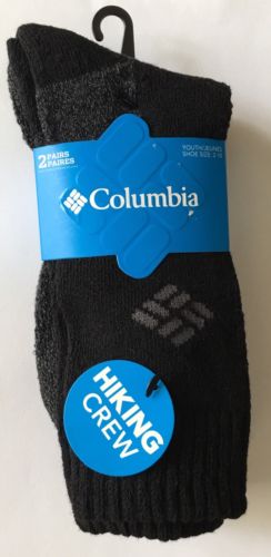 COLUMBIA Youth Black HIKING Crew Socks 2pr. NEW NWT Shoe Sz. 2-10