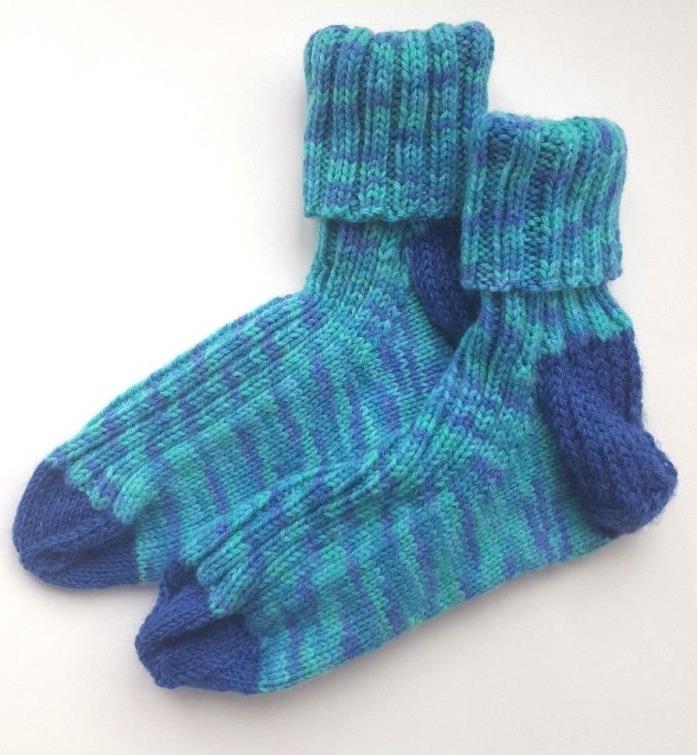 Handmade Kids Knit Socks Blue Green Size US 13 UK 12 EU 31 Unisex Cozy!