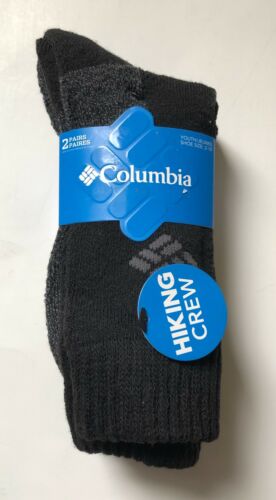 COLUMBIA Youth 2 Pair HIKING Crew Socks Black Gray NEW NWT Shoe Size 2-10