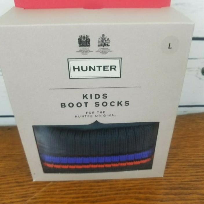 Hunter Kids Boot Socks Large Striped Cuff Blue Green Orange