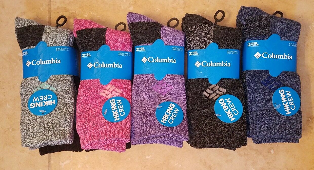 New Columbia Youth Hiking Crew Socks 2pr. Unisex Boy Girl Youth Fit Shoe Sz 2-10