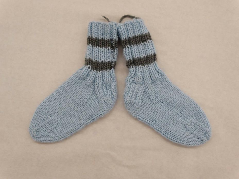 New Child's Hand Knit Light Blue With Gray Stripes Slipper Socks Booties, Small