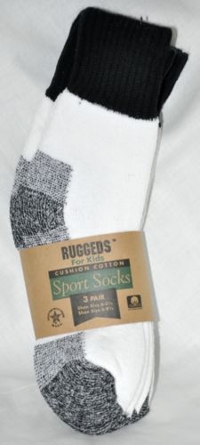Rugged White/Black Ankle Socks 6 Pair Kids Size 6-8 1/2 Made In The USA!!