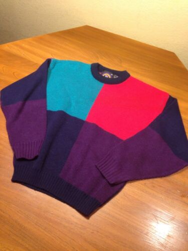 Vintage Youth 20 New Era Color Block Sweater Red Aqua Purple Navy Acrylic Usa