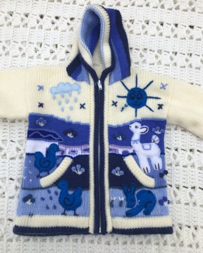Peruvian Arpillera Sweater Jacket Blue & White Patchwork Embroidered Hoodie