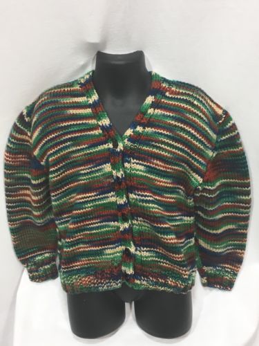 Handknit Striped Kids Button Up Cardigan  Size 4 - 5  Green Red White Yellow
