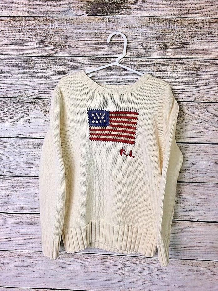 POLO By Ralph Lauren Off White Unisex Boy Girl American Flag Knit Sweater Sz 7