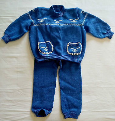 Handmade Blue White sea gull Knit 4T Toddler Pant & Sweater Set Thick Warm