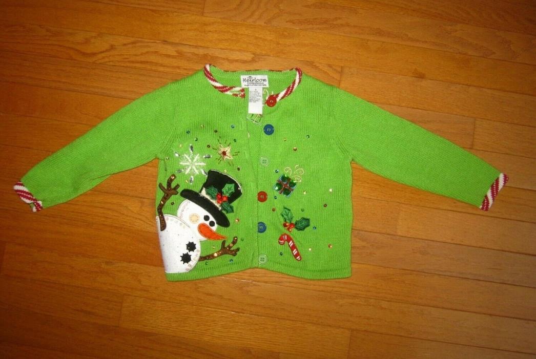 Kids Vintage Christmas Holiday Sweater Size 5 Cardigan Green Snowman Candy Cane