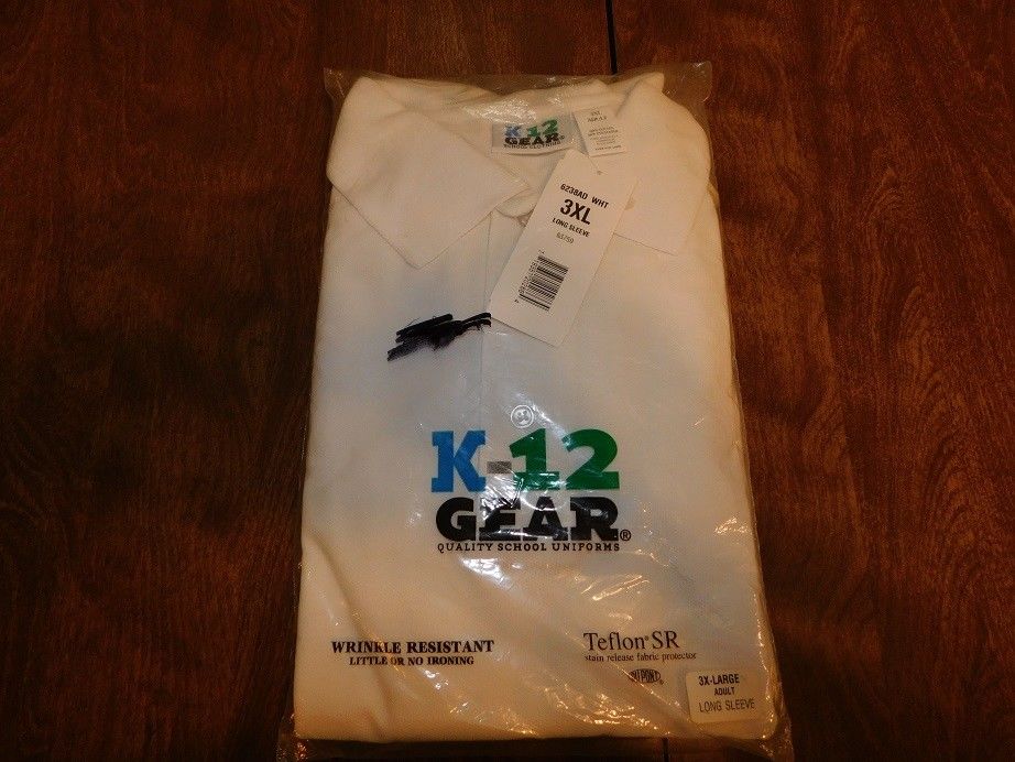 K-12 Gear Unisex Adult Long Sleeve Uniform Polo Shirt, Sz 3XL, White, NIP