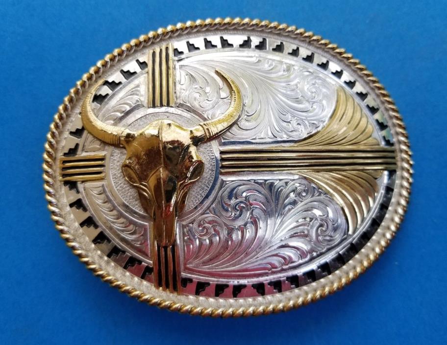 Montana Silversmiths Texas Longhorn Skull Belt Buckle Silver Plate - Goldtone