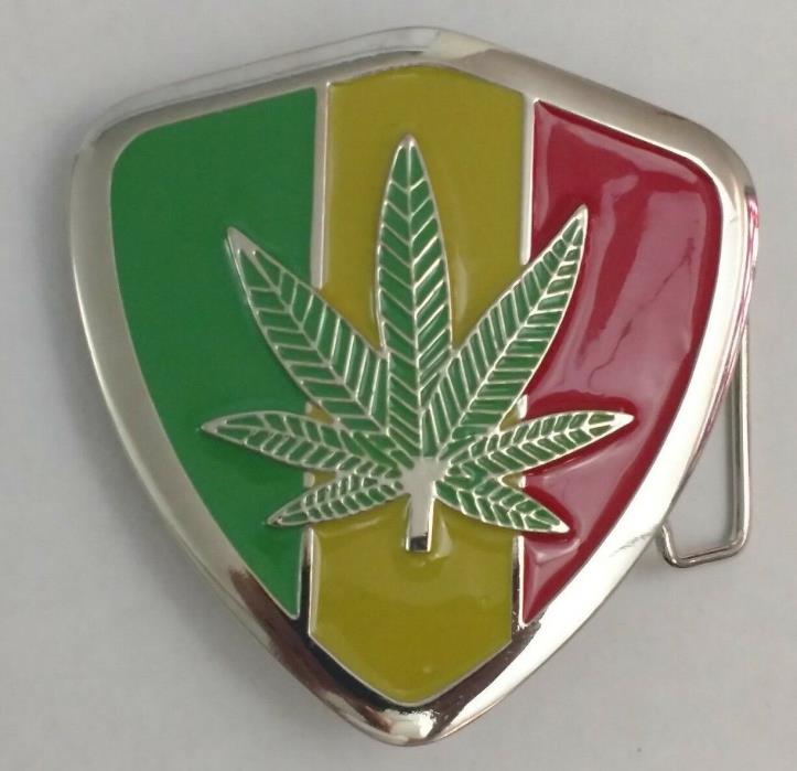 NEW Men's Belt Buckle Marijuana Leaf Stoner Jamaica Rasta Colors Oval Metal NWT