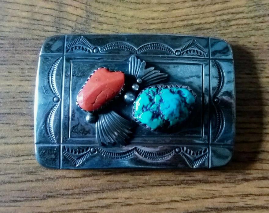 Vintage Handcrafted Southwestern Silver Coral Turquoise Belt Buckle 1.5 Inch