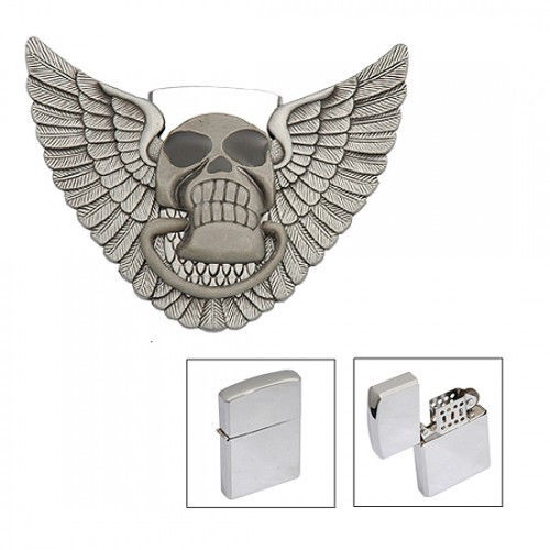 Winged Skull wings belt buckle w/ lighter holder / storage Lighter NOT Included-