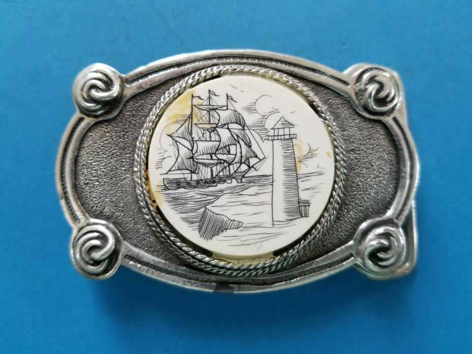 Sailing Ship and Lighthouse Sketch Insert Belt Buckle Silvertone Buckle