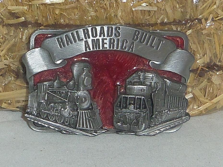 Railroads Built America 3x2.25in Locomotives enameled pewter buckle Made in USA