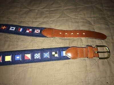 LEATHER MAN LTD CANVAS NAUTICAL FLAGS SZ SMALL 28-30 LEATHER BELT BRASS BUCKLE