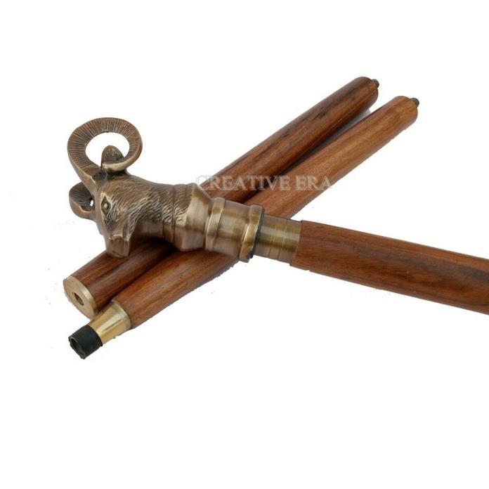 Vintage Antique Walking Cane Wooden Walking Stick Brass Handle goat Handle Stick