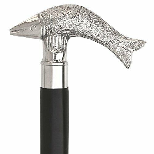 Walking Stick Victorian Style Ebony Black Color Nickel Plated Fish Handle Cane