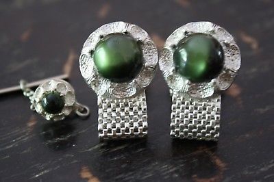 Silver Tone OLIVE GREEN Lucite Cat's Eye Stone Mesh Wrap Cufflinks Tie Tack SET