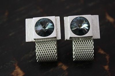 Vintage Estate Silver Tone Bold Design Blue Rivoli Stone Mesh Wrap Cufflinks GUC