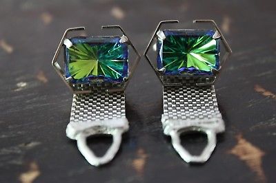Vtg Silver Tone UNIQUE Emerald Cut Blue Multi Color Stone Mesh Wrap Cufflinks