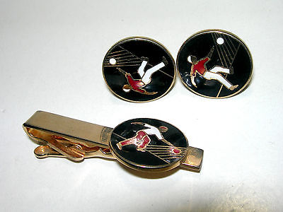 MENS VINTAGE BOWLING BALL BOWLER ENAMEL SWANK CUFFLINKS & TIE CLASP SET RETRO