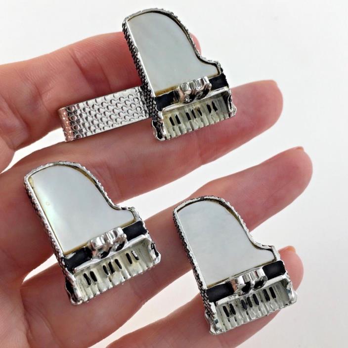 Piano Music Cufflinks Tie Bar Clip Cuff Links Mother of Pearl Vintage Man Gift