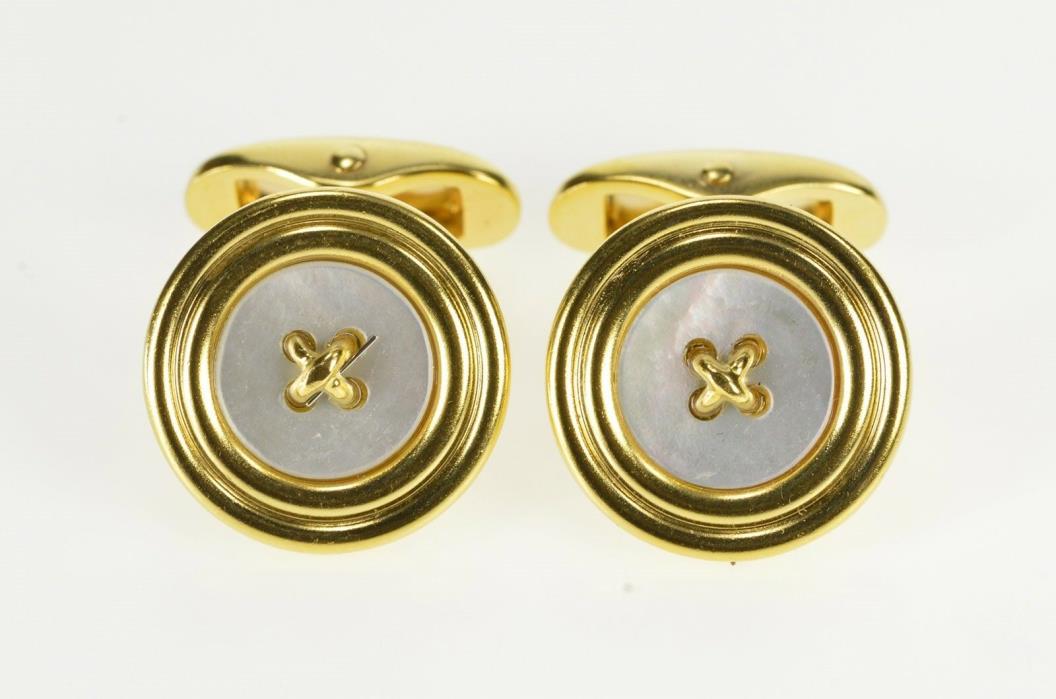 18K Mother of Pearl Ornate Button Design Cuff Links Yellow Gold *65