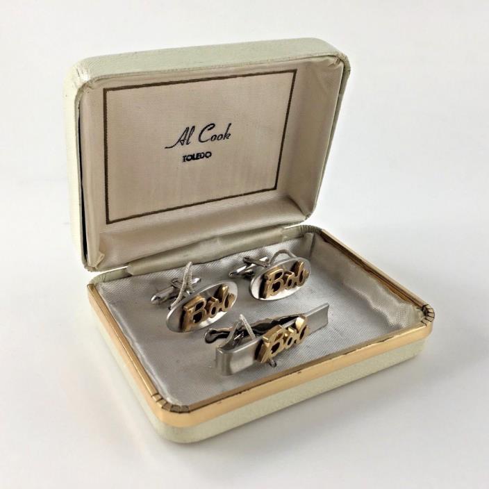 Swank Bob Cuff Links Tie Clip Bar Name Mens Al Cook Toledo Ohio Box Vtg Gift