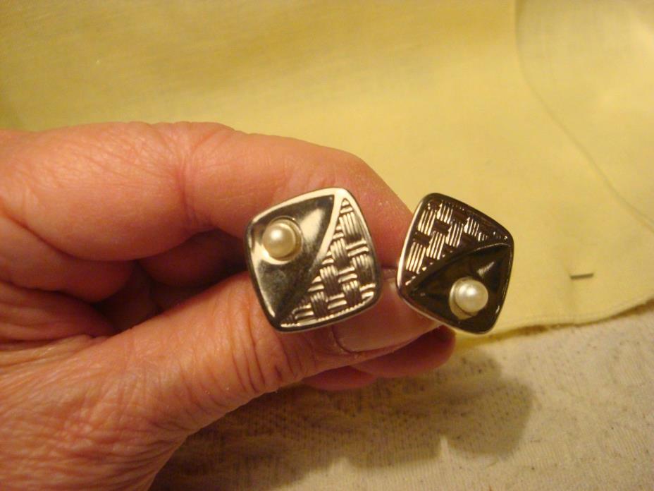 Vintage Silver Tone Faux Pearl Square Cufflinks Unmarked